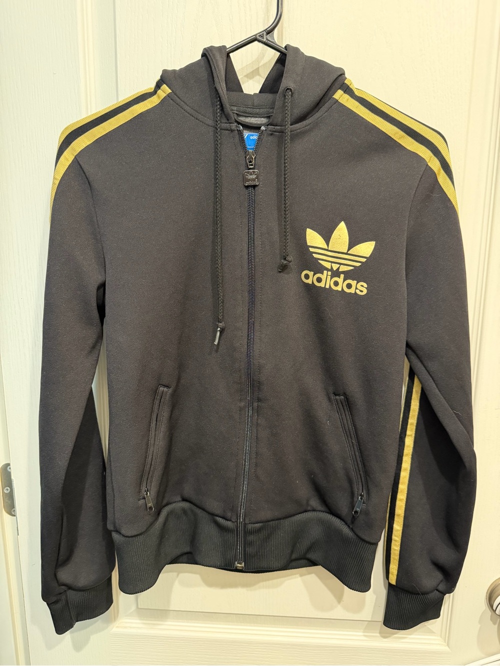 adidas Black Zip-Up Hoodie with Gold Trefoil & Stripe Detail